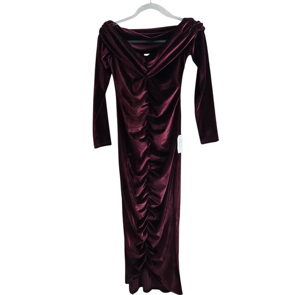 Miss Circle New Red Velvet Ruche Off shoulder Dress Maxi Dress Sz Small - Picture 5 of 9